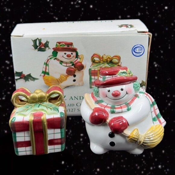 Fitz and Floyd Ceramic Salt & Pepper Shaker Snowman & Gift Present Set W Box vtg - Picture 1 of 6